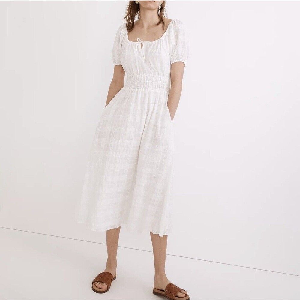 MADEWELL Lighthouse White Sophia Midi Seersucker Dress NEW $128 Pockets Womens M